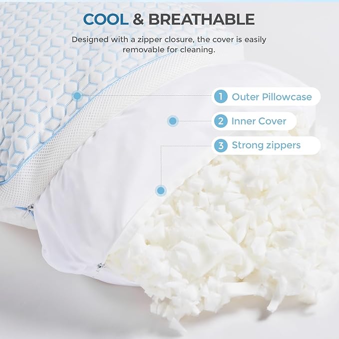 Sweetnight Cooling Pillows Queen Size Set of 2, Shredded Memory Foam Pillows 2 Pack for Hot Sleepers, Cold Bed Pillows for Sleeping, Washable with Removable Cover, Cool Night