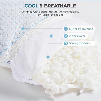 Sweetnight Cooling Pillows Queen Size Set of 2, Shredded Memory Foam Pillows 2 Pack for Hot Sleepers, Cold Bed Pillows for Sleeping, Washable with Removable Cover, Cool Night