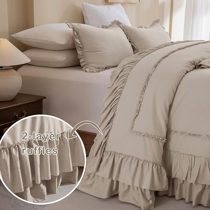 Sanracie Oversized King Comforter Set 128" x 120", Cotton Boho Shabby Vintage Ruffled Comforter Sets Linen Feel Comfortable Breathable French Country Bedding Set 3Pcs for All Season