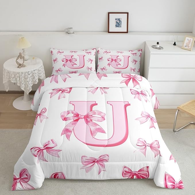 Erosebridal Cute Pink Bow Comforter Set Queen Princess Style Bowknot Girls Bedding Set Initial Letter U Bedding Comforter Sets Girly Kawaii Alphabet Bow Quilt Duvet for Kids Teen Women