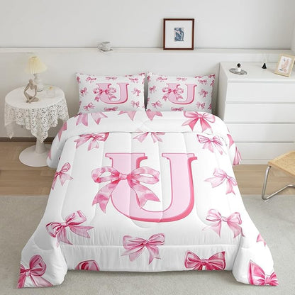 Erosebridal Cute Pink Bow Comforter Set Queen Princess Style Bowknot Girls Bedding Set Initial Letter U Bedding Comforter Sets Girly Kawaii Alphabet Bow Quilt Duvet for Kids Teen Women