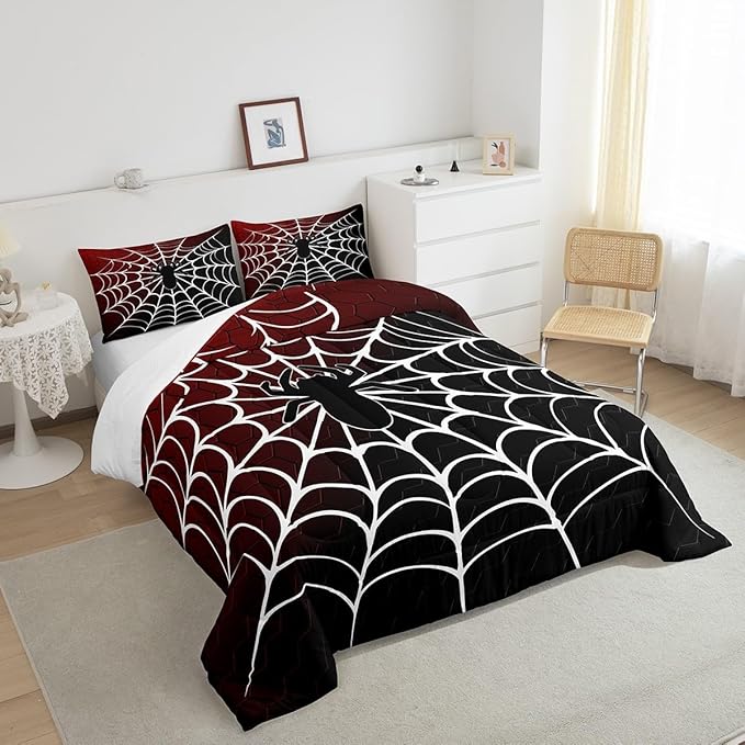 Manfei Burgundy and Black Comforter Set King Size, White Spider Web Print Down Comforter, Halloween Spider Bedding Set for Kids Boys Girls Bedroom Decor, Honeycomb Duvet Insert,2 Pillowcases
