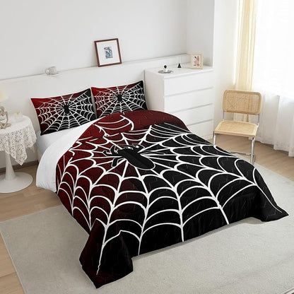 Manfei Burgundy and Black Comforter Set King Size, White Spider Web Print Down Comforter, Halloween Spider Bedding Set for Kids Boys Girls Bedroom Decor, Honeycomb Duvet Insert,2 Pillowcases