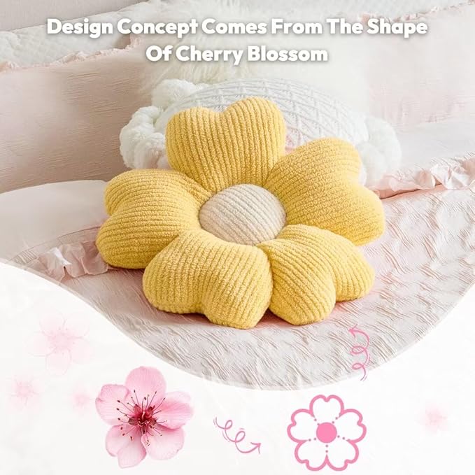 Sioloc Daisy Flower Pillow - Yellow Playful Decorative Throw Pillow for Bed, Cute Flower Shaped Floor Cushion for Chair, Couch & Room Decor (15.7 Inch)