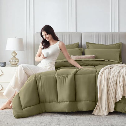 Sasttie California King Comforter Set, 7 Pieces Cal King Bed in a Bag, Complete Bedding Set Includes Comforter, Flat Sheet, Fitted Sheet, Pillowcases and Pillow Shams, Olive