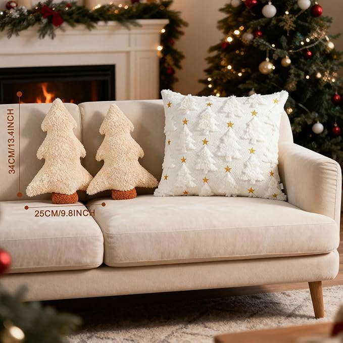 Artmag Christmas Pillows, Decorative Christmas Tree Pillow Set of 2 Stuffed Tree Shaped Plush Pillow for Holiday Party Sofa Living Room Decoration (13" x 10.5", Beige)