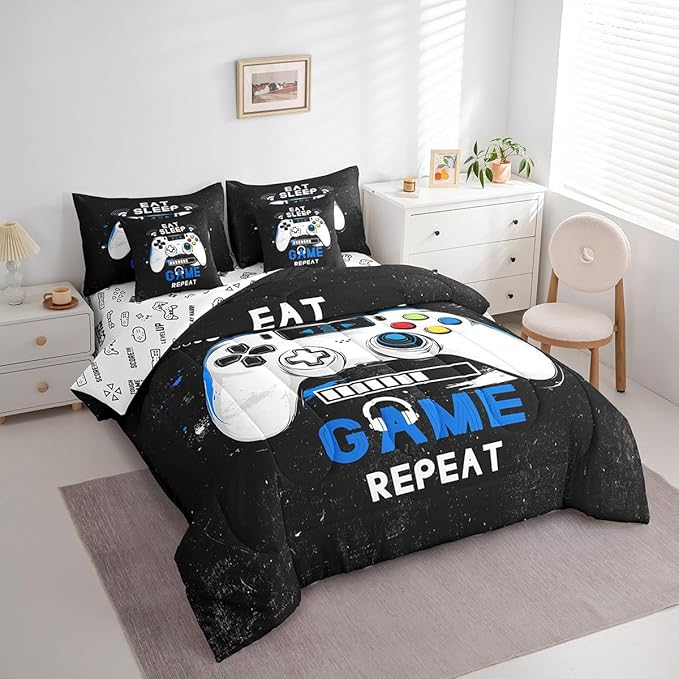 jejeloiu Eat Sleep Game 7 Piece Bedding Set King Size Cartoon Gamer Comforter Set with Sheets for Kids Boys Girls Modern Game Bed in a Bag Black Blue Bed Set