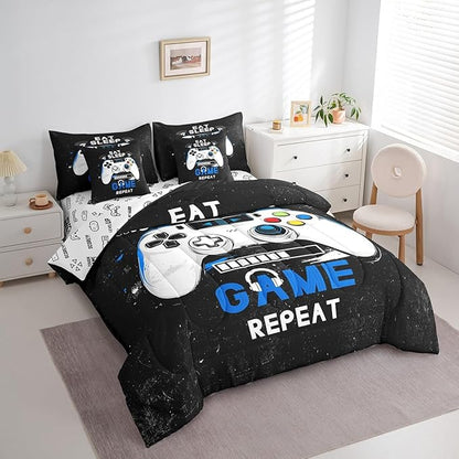 jejeloiu Eat Sleep Game 7 Piece Bedding Set King Size Cartoon Gamer Comforter Set with Sheets for Kids Boys Girls Modern Game Bed in a Bag Black Blue Bed Set