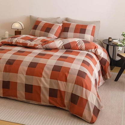 CLOTHKNOW Rust Khaki Gingham Queen Comforter Set Plaid Buffalo Bedding Comforter Sets Rust Brown Khaki Geometric Comforter Queen with 2 x Pillow Cases
