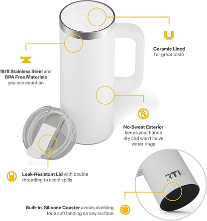RTIC 20oz Road Trip Travel Mug with Lid and Handle, Ceramic Lined, Insulated, Stainless Steel, Metal, Double Wall Vacuum-Insulation, Portable Coffee, Tea Cup for Hot and Cold Drink, White