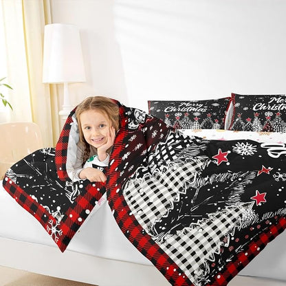 Christmas Tree Comforter Set Twin Size,Red Black Checkered Bedding Sets 2Pcs for Kids Girls Boys Women Room Decor,Winter Snoweflake Quilted Duvet Retro Xmas Pine Down Comforter,1 Pillowcase