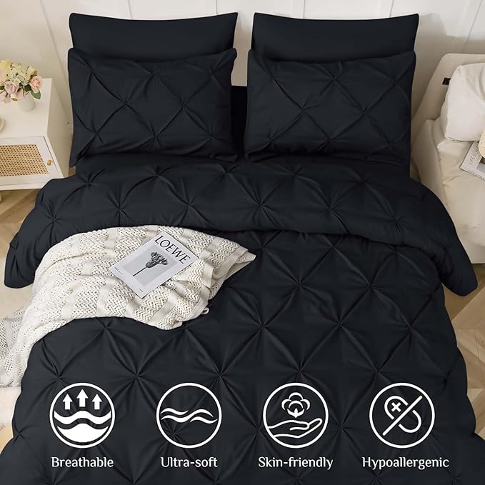JOLLYVOGUE Twin XL Comforter Set 5 Pieces - Bed in a Bag Twin XL for All Season, Pintuck Bedding Comforter Sets with Comforter, Flat Sheet, Fitted Sheet and Pillowcases & Shams, Black