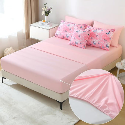 JQinHome 8 Pc Butterfly Comforter Set Queen, 3D Pink Flower Printed Bedding Set for Girls Women, All Season Microfiber Butterfly Theme Home Decor Bedding with Sheet Sets