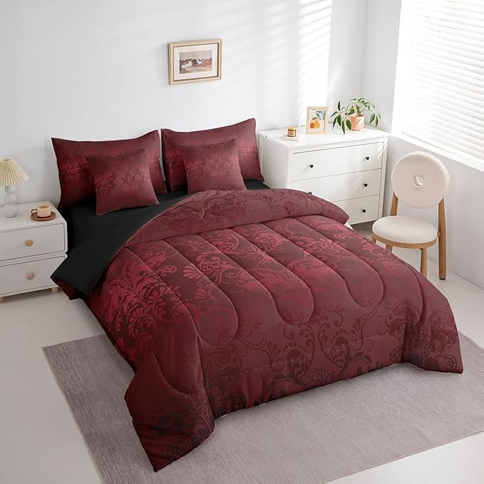 Erosebridal Gothic Damask Bed in a Bag King Size Comforter Set 7 Pieces,Sun Moon Tree of Life Bedding Sets Red Victorian Floral Goth Sheet Set with Comforter