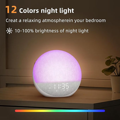 Sunrise Alarm Clock White Noise Machine: Natural Wake Up Light - Dimmable Clock with Bluetooth Speaker for Bedroom - 25 Sleep Sounds for Baby Adults Kids Frost White