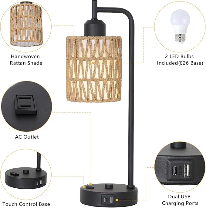 Touch Control Boho Table Lamps Set of 2, 3 Way Dimmable Desk Lamp with LED Bulbs, Rattan Bedside Lamp for Bedroom With Charging Ports and Outlet, Small Nightstand Lamp for Living Room Home Office