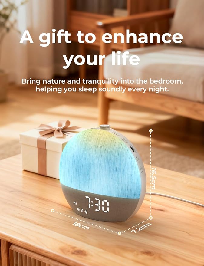 LIORQUE Sunrise Alarm Clock, Digital Alarm Clocks Bedside, 30 Sleep Sounds, Sleep Timer, Adjustable Volume & Brightness,Screen Free Design, Bluetooth, Wake up Light with White Noise for Heavy Sleepers
