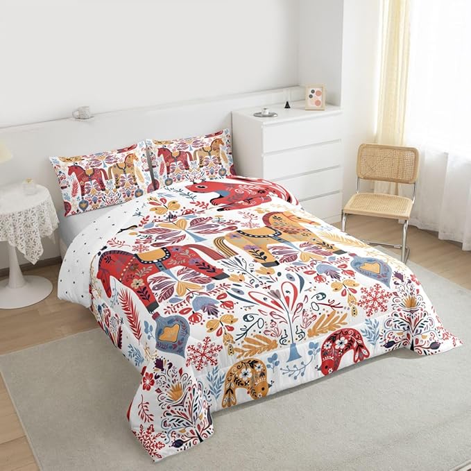 Bohemian Horse Comforter Set Full Size,Floral Bird Squirrel Bedding Sets 3Pcs for Kids Girls Boys Women Room Decor,Christmas Bells Snowflake Down Comforter Scandinavian Art Quilted Duvet,2 Pillowcases