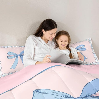 Feelyou Bow Kids Comforter Set Full Size Floral Bedding Set Pink Blue Duvet Quilt for Kids Boys Girls Bedroom Cute Bowknot Decor Kawaii Microfiber Ultra Soft Breathable