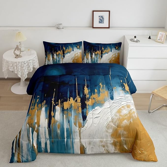 Erosebridal Navy Blue White Gold Comforter Twin Brush Strokes Oil Painting Bedding Set, Gradient Abstract Down Comforter Ombre Graffiti Bed Set, Contemporary Modern Quilted Duvet