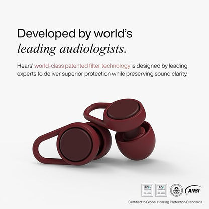Hears Plus Ear Plugs for Noise Reduction - Patented Reusable Concert Earplugs, 25dB SNR Sound Reduction, Hypoallergenic for Musicians, Motorcycle and Sleeping with 4 tip Sizes - Burgundy Breeze