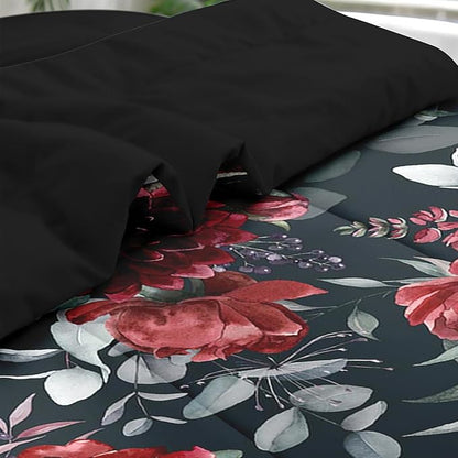 Comforter Set King Size, Floral Green Leaves 7 Pcs Bedding for Kids and Adults, Burgundy Maroon Pink Bed Sheet Sets with Fitted Sheet 2 Pillowcases & 2 Shams for Bedroom Bed Decor