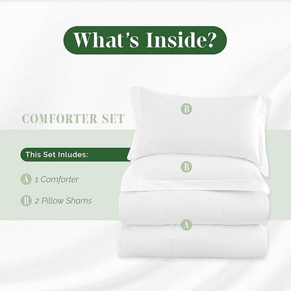 Elegant Comfort 3-Piece Stripe Cotton Comforter Set - 100% Egyptian Cotton Premium Hotel Quality - Box Stitched, All Season Down Alternative Duvet Insert with Corner Tabs, California King, White