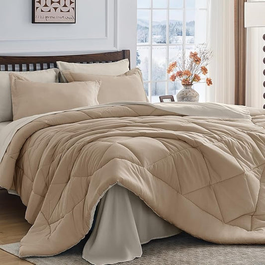 HEVUMYI Khaki & Linen Twin Comforter Set - 5-Piece All Season Bed in a Bag Twin, Ultra Soft Bedding Set with Comforter, Flat Sheet, Fitted Sheet, Pillowcases, Pillow Shams