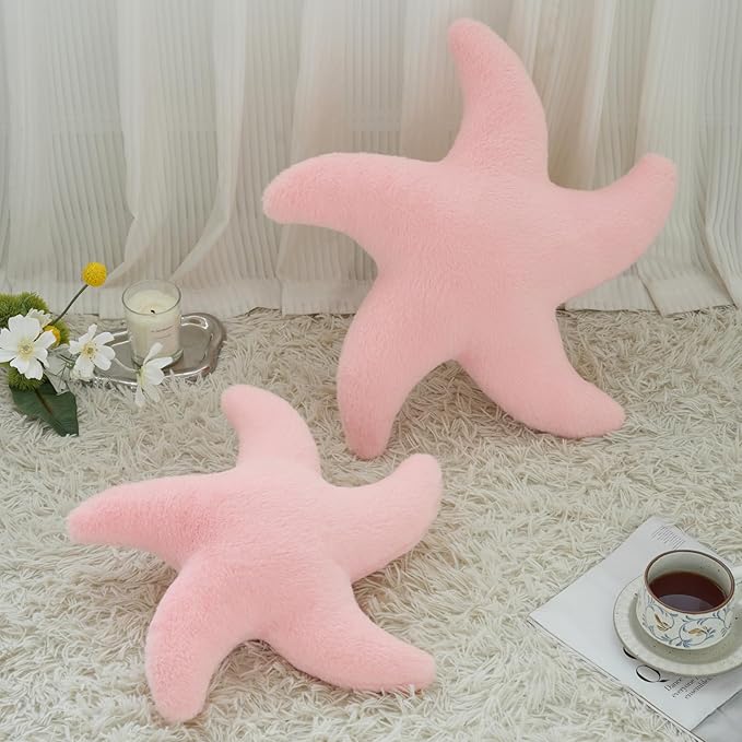 Starfish Pillow, Cute Decorative Pillows for Couch Bed, Aesthetic Room Decor Accent Pillow Plush with Soft Faux Rabbit Fur for Bedroom Living Room (Pink, 19.6 Inches)