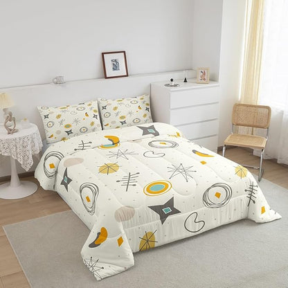 Kids Cartoon Atomic Bedding Twin Modern Mid Century Comforter Set, Retro Fifties Bedding Comforter Sets Hippie Abstract Duvet Insert, Geometric Polka Dots Down Comforter Teal Orange Room Decorative