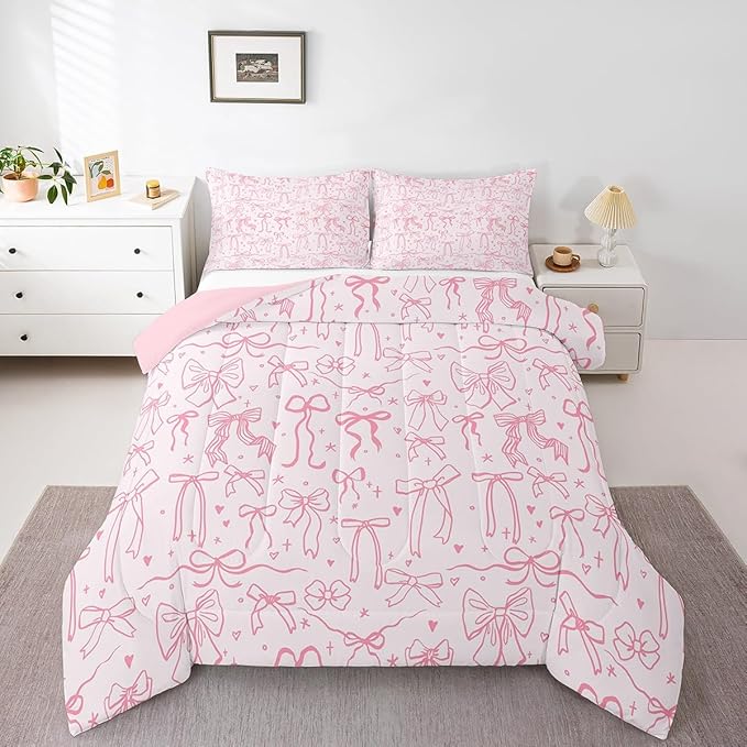 Pink Bowknot Kids Bedding Set King Size,Princess Girl Comforter Set,Cartoon Bow Tie Butterfly Knot Quilt Set Bow Stars Love Pink Sweet Girly Duvet Insert Child Teens Woman Room Decor 3Pcs