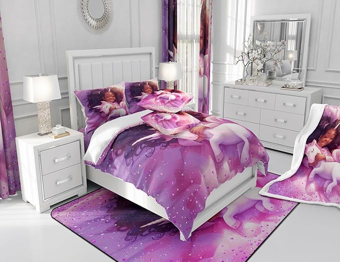 Black Cartoon Girl Comforter Set King Size,Cute Unicorn Castle Princess Bedding Set,Girls Women Room Decor,Girls African Glitter Sequins Down Comforter,Purple Romantic Duvet Insert,2 Pillowcases