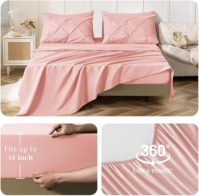 JOLLYVOGUE Twin Comforter Set 5 Pieces - Bed in a Bag Twin for All Season, Pintuck Bedding Comforter Sets with Comforter, Flat Sheet, Fitted Sheet and Pillowcases & Shams, Pink