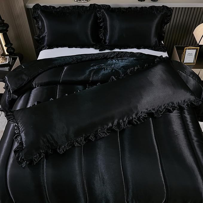 Black King Comforter Set Silk Like Satin Bedding Set Hotel Soft Polyester Black Bed Set Luxury Silky Body Pillow Cover with Quilt Set Ruffle Down Comforter Home Decor