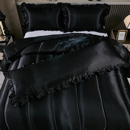 Black King Comforter Set Silk Like Satin Bedding Set Hotel Soft Polyester Black Bed Set Luxury Silky Body Pillow Cover with Quilt Set Ruffle Down Comforter Home Decor