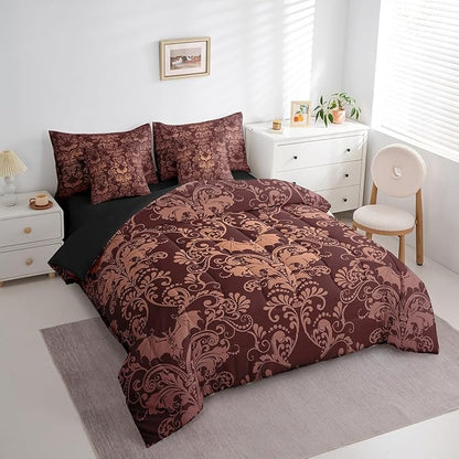 Erosebridal Gothic Damask Bed in a Bag Queen Comforter Set 7 Piece,Halloween Bat Bedding Sets Brown Victorian Floral Goth Sheet Set with Comforter