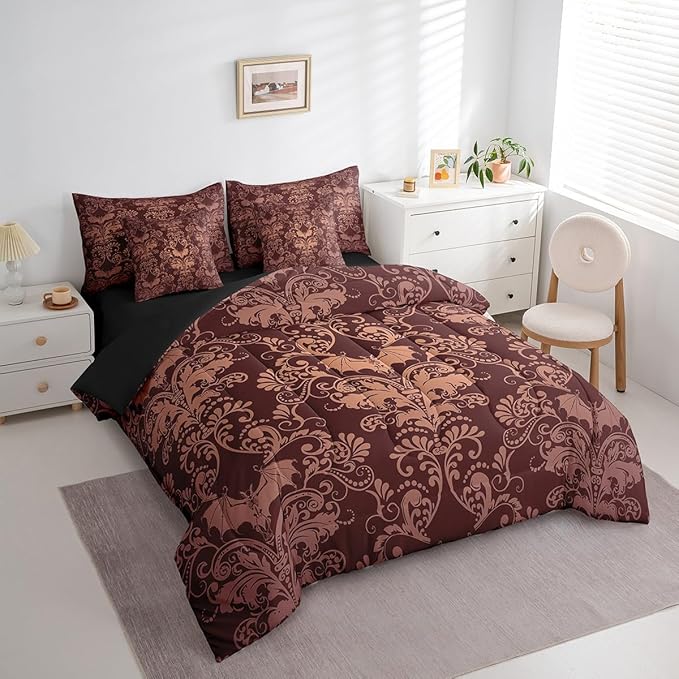 Erosebridal Gothic Damask Comforter Set 7 Piece Bed in a Bag Twin,Halloween Bat Bedding Sets Brown Victorian Floral Goth Sheet Set with Comforter