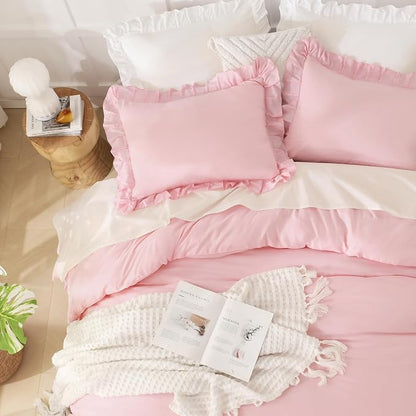 Andency Pink Ruffle Comforter King, 3 Pieces Solid Farmhouse Shabby Chic Comforter, Vintage Rustic Lightweight Soft Microfiber Bedding Set All Season (104x90Inch Comforter)