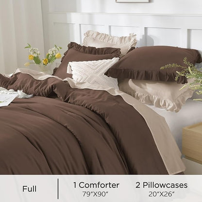Andency Brown Comforter Full Size, 3 Pieces Solid Farmhouse Shabby Chic Ruffle Bedding Sets, All Season Soft Lightweight Comfy Down Alternative Bed Set for Girls Teens Men Women