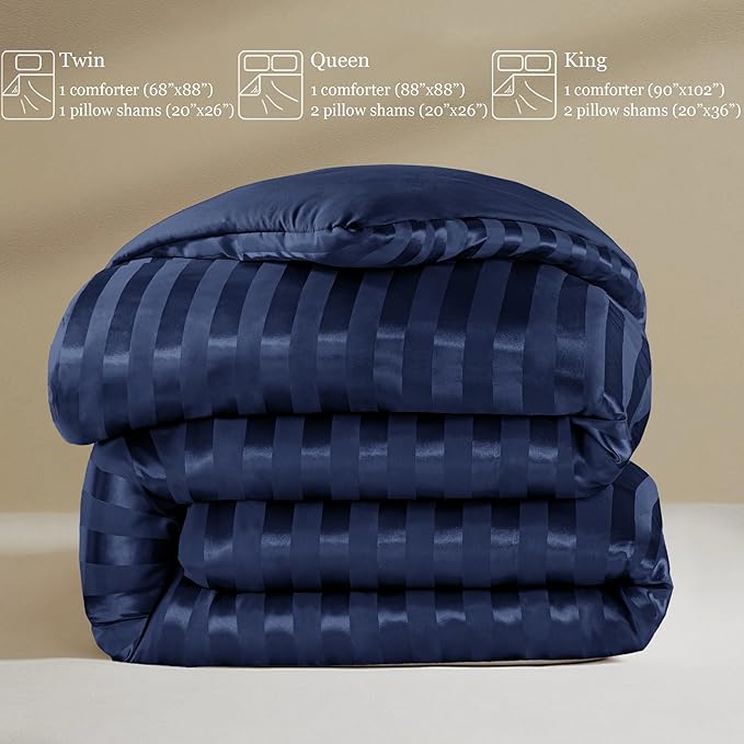 Whale Flotilla 2-Piece Reversible Silky Soft Twin Size Comforter Set, Luxury Stripe Satin Comforter Bedding Set with Satin Pillowcase, Lightweight Duvet for All Seasons, Navy