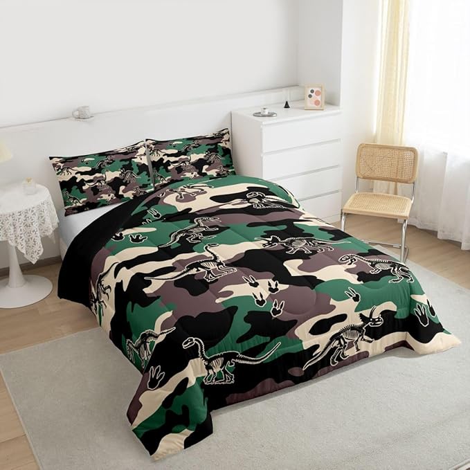 Erosebridal Army Camouflage Comforter Set King Size Camo Dino Bedding Set for Adutls Men Women 3D Vintage Hunting Theme Comforter Dinosaur Skeleton Farmhouse Green Quilt Bedroom Decor
