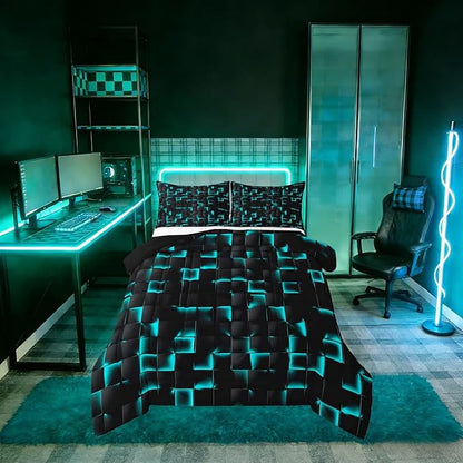 Erosebridal Neon Black Teal Boys Comforter Set King Geometric Checkered Turquoise Bedding Set for Kids Teen Men Gaming Room Decor,Abstract Ombre Plaid Comforter Grids Quilt Duvet