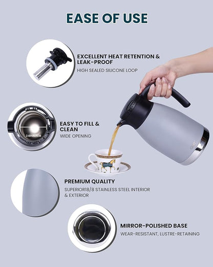 GiNT 51oz Thermal Coffee Carafe with Infuser – Insulated Tea Carafe, Removable Filter, Dishwasher-Safe | 1.5L 6–7 Cups, Wide Mouth, Leak-Proof Seal | Stainless Steel Beverage Server for Home & Office