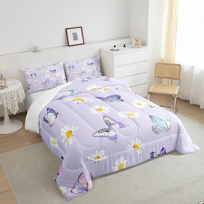 Manfei Purple Comforter Set King Size, Daisy Flower Butterfly Bedding Set 3pcs for Kids Boy Girls Room Decor, Botanical Garden Artwork Quilt Set Soft Polyester Duvet Set with 2 Pillowcases