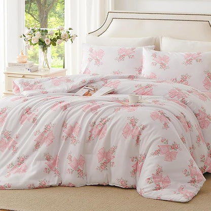 Pink Bow Comforter Set Queen 3Pcs Pink Floral Bedding Set for Girls Cute Romantic Princess Style Bowknot Bedding Ultra Soft Microfiber Garden Flower Comforter Sets with 2 Pillowcases
