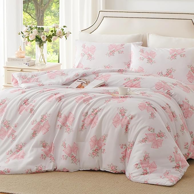 Pink Bow Comforter Set Twin 2Pcs Pink Floral Bedding Set for Girls Cute Romantic Princess Style Bowknot Bedding Ultra Soft Microfiber Garden Flower Comforter Sets with 1 Pillowcase