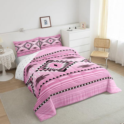 Feelyou Pink Boho Western Bedding Set King Size Kids Southwest Native Tribal Comforter for Boys Girls Teens Geometric Comforter Set Soft Microfiber West Room Decor