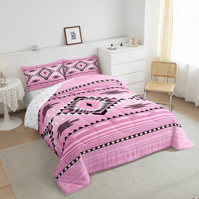 Feelyou Pink Boho Western Bedding Set Twin Size Kids Southwest Native Tribal Comforter for Boys Girls Teens Geometric Comforter Set Soft Microfiber West Room Decor