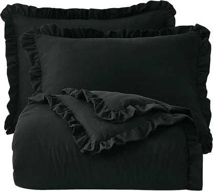 Chezmoi Collection Nora Black Comforter Set Ovesized King 3-Piece Fluffy Soft Stone-Washed Ruffled Shabby Chic Bedding for All Season