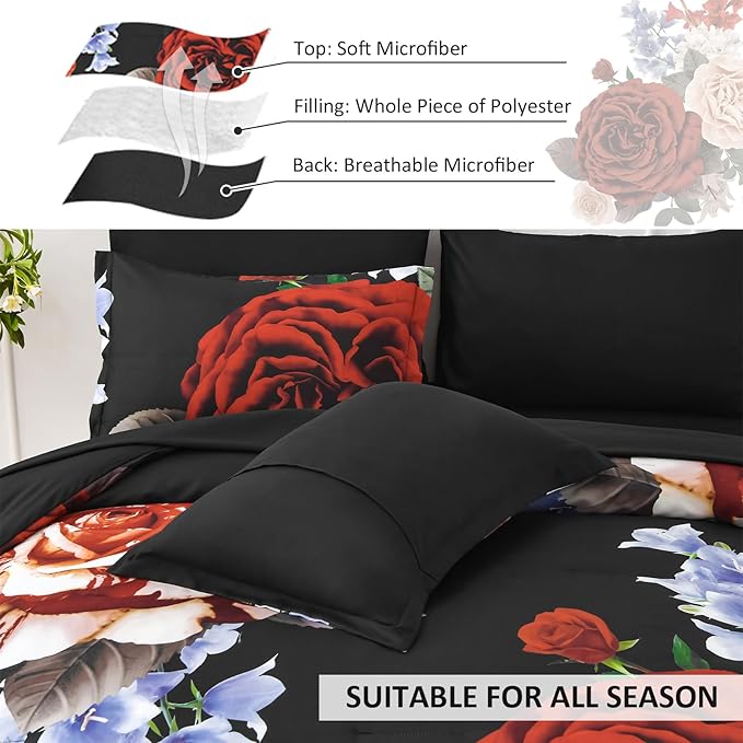 Drucon King Comforter Set - 7 Pieces Floral Black Soft Bedding Sets, King Bed in a Bag with Botanical Red Flowers Comforter, Sheets, Pillowcases & Shams